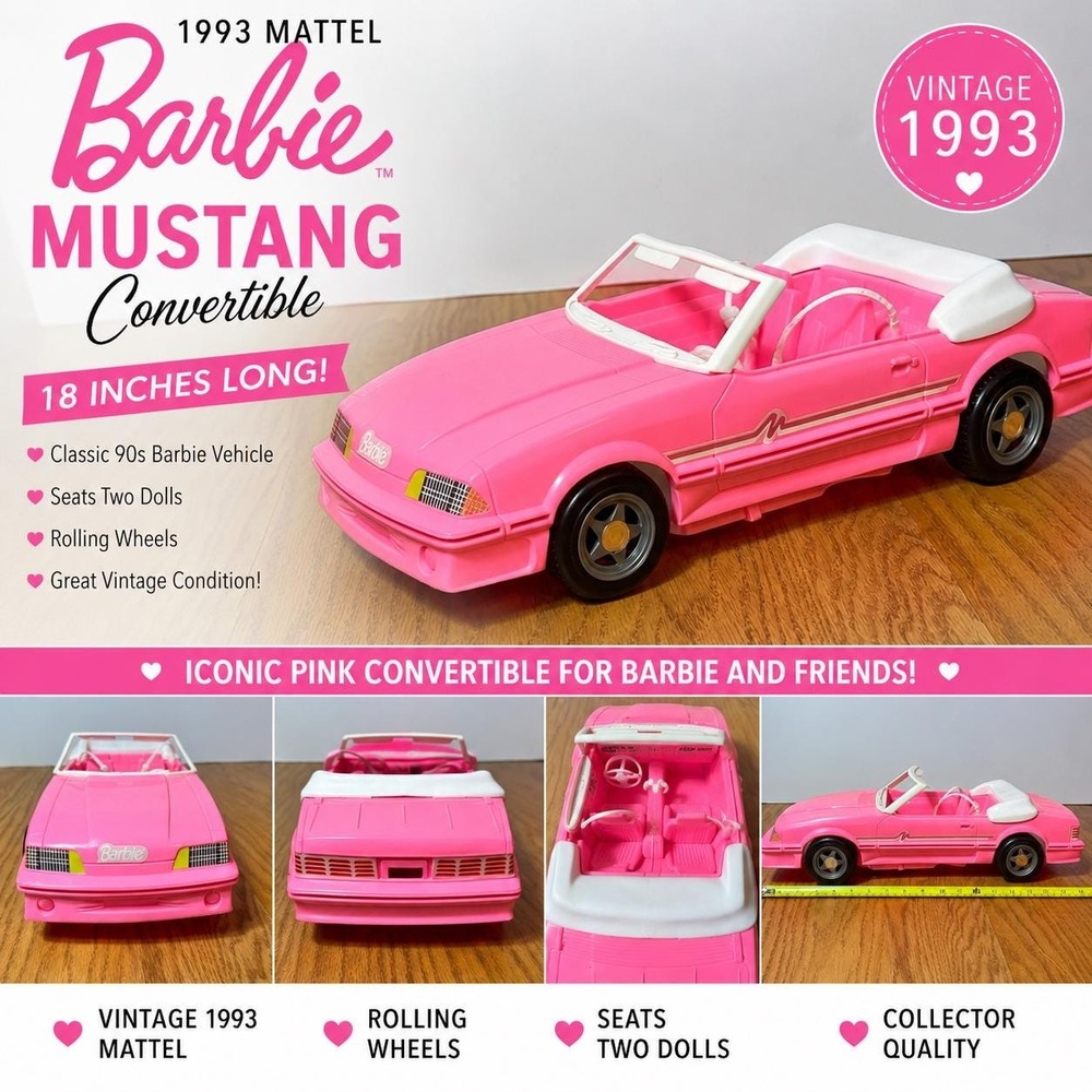 Vintage 1993 Barbie Pink Mustang Convertible Car Mattel Doll Vehicle 18" EUC